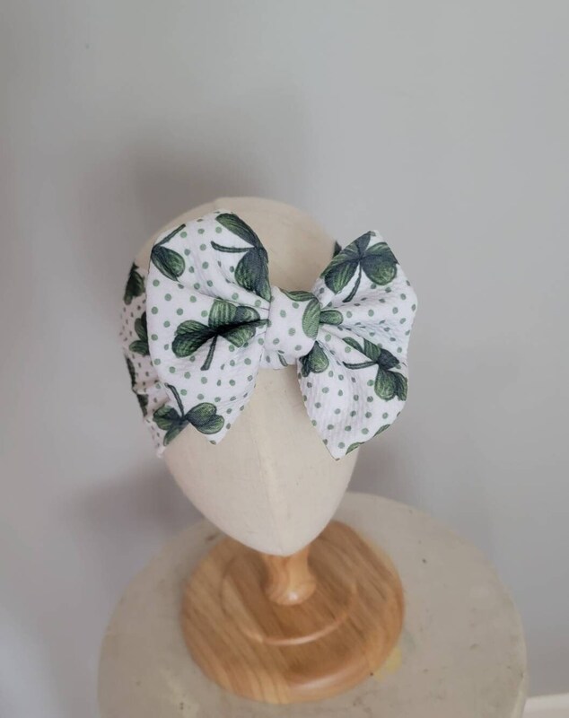 Shamrock Polka Dot Knit Hair Bow - Headwrap - Clip - Pigtail - Headband - Saint Patrick - Clover - Good Luck - Dots - St Patty - Green